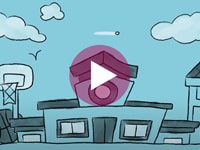 cartoon schoolhouse with a video play icon
